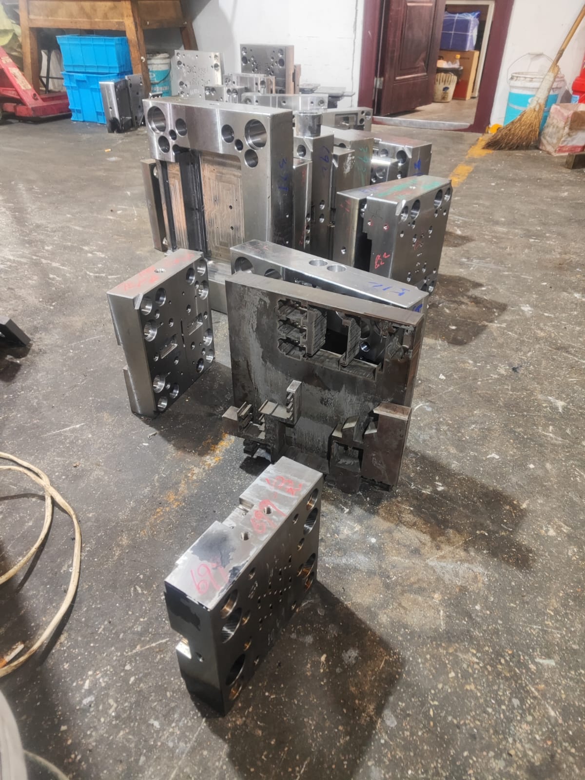 Row of finished mold bases ready for assembly